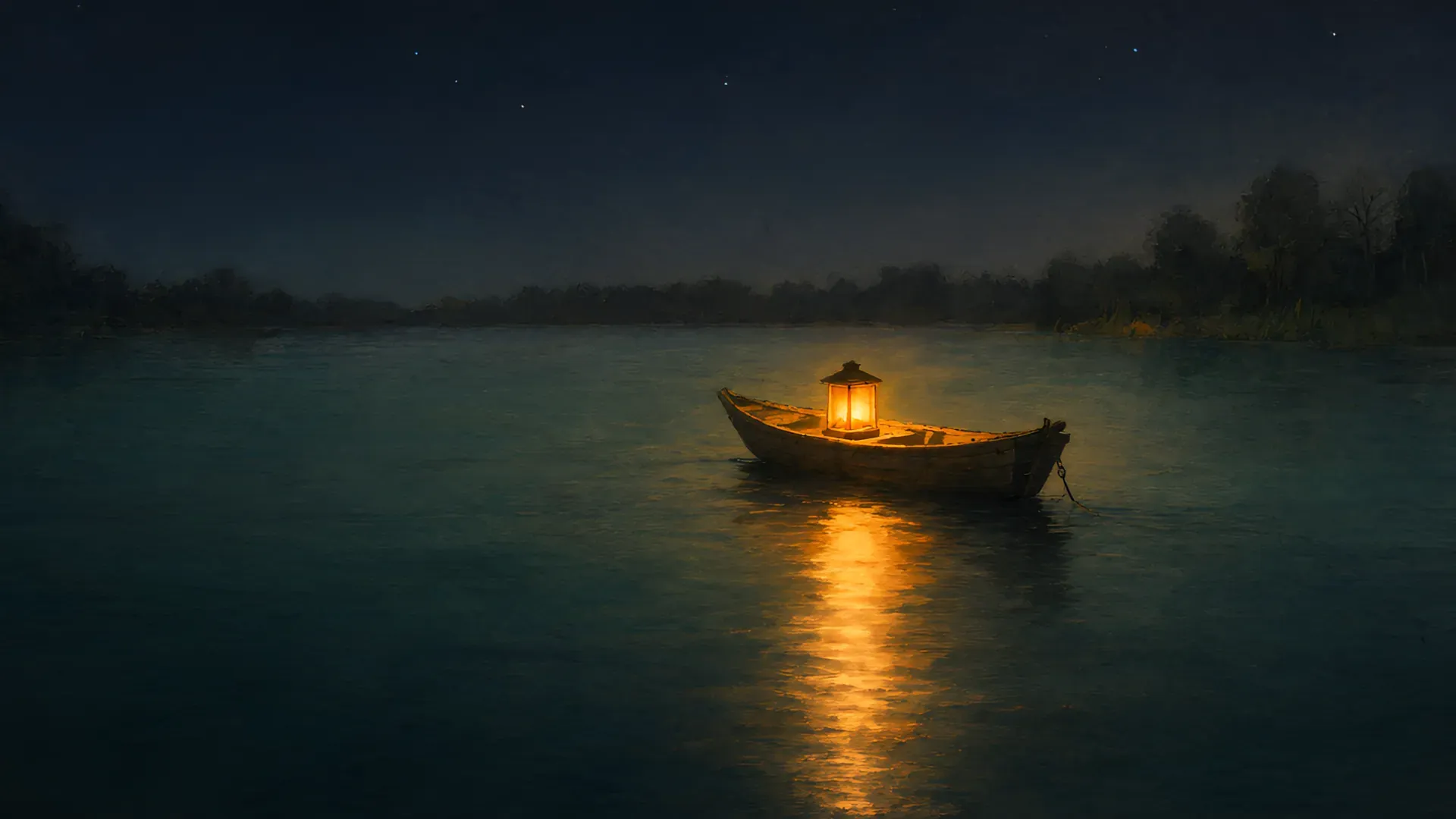 A small wooden boat with a glowing lantern drifting on a dark, calm river under the stars.